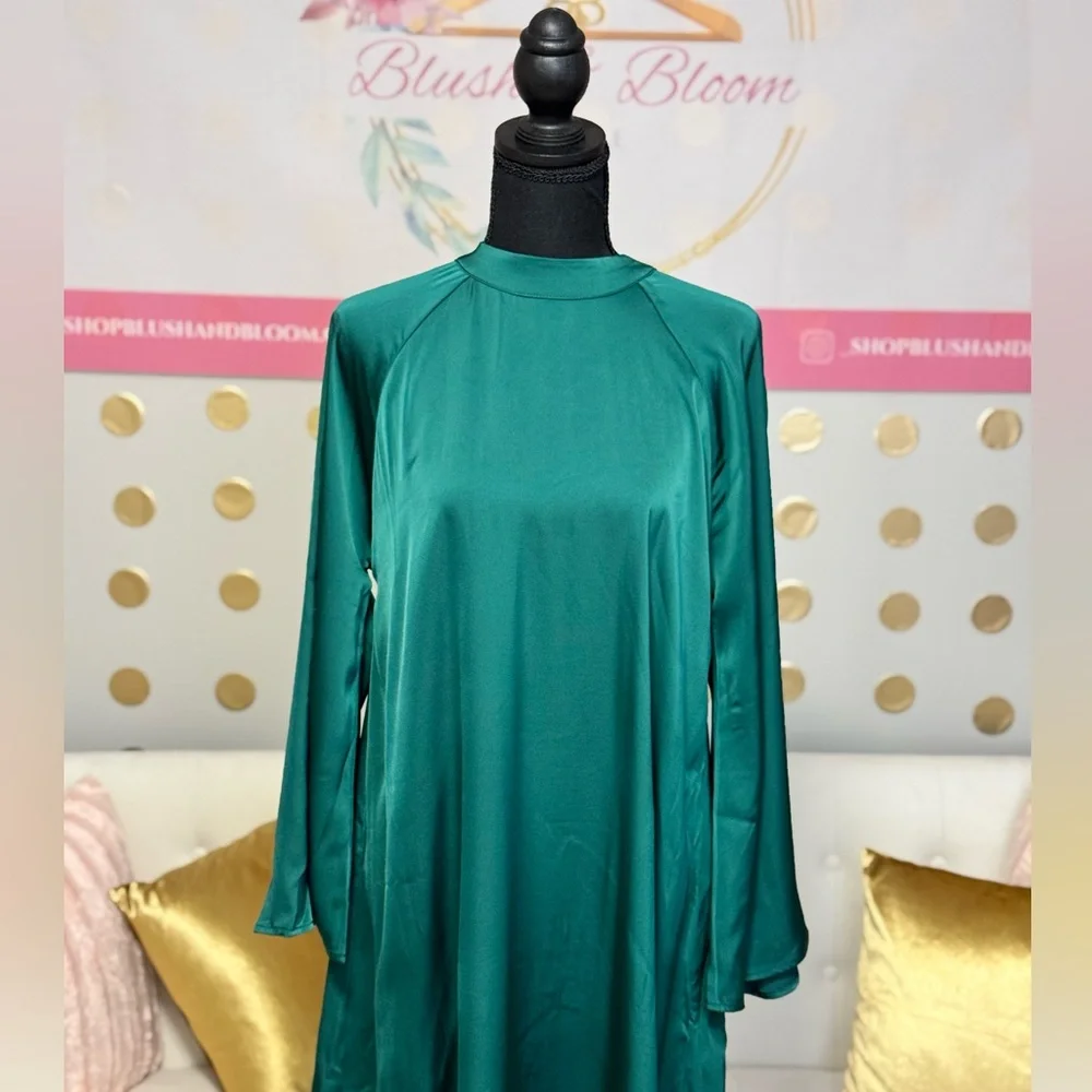 Emerald Green Flowy Swing Dress | Bell Sleeve Mock Neck Holiday Dress | Medium - Picture 2 of 7
